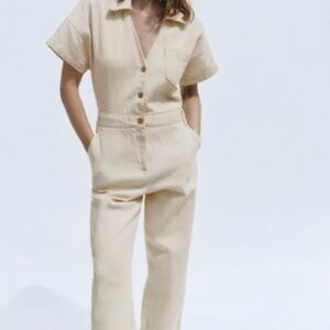 Zara Cream Denim Long Jumpsuit